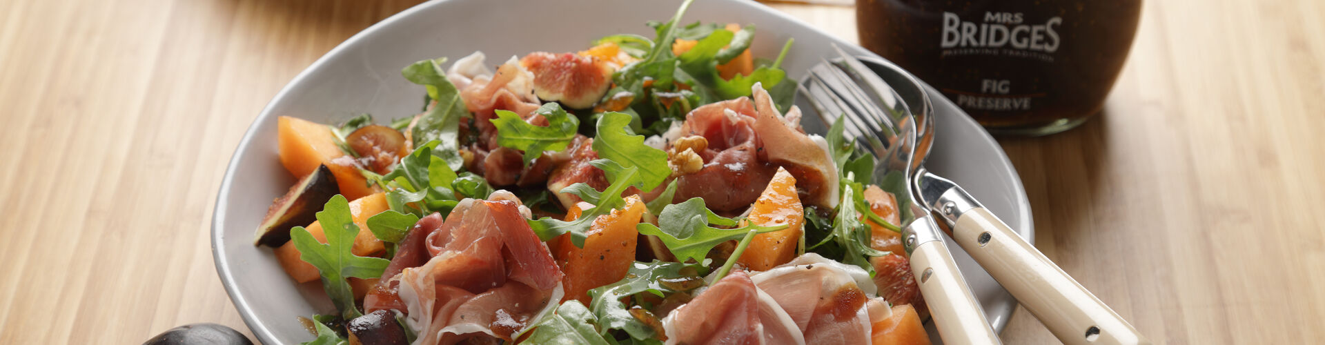 Melon, Fig and Parma Ham Salad with a Fig & Basil Dressing Mrs Bridges