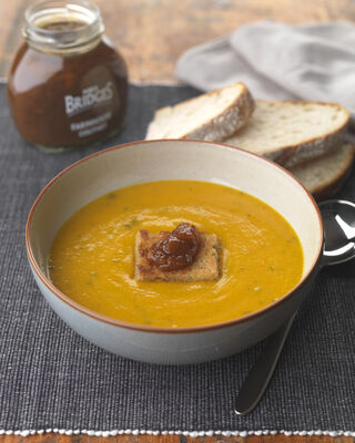 Celeriac and butternut squash soup with Farmhouse Chutney and sourdough crouton