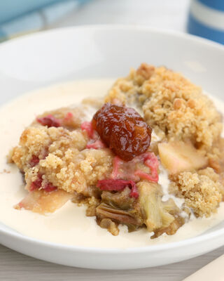 Apple and Rhubarb Crumble with Pops of Rhubarb & Ginger Preserve 