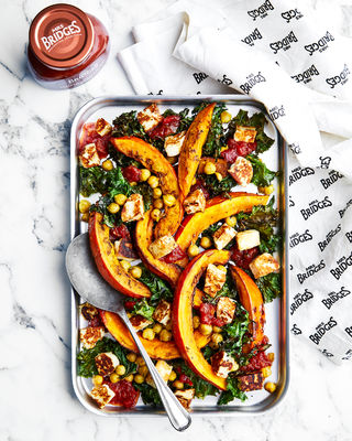 Roasted Pumpkin with kale, chickpeas & Halloumi