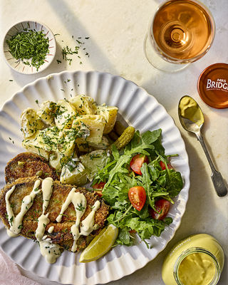 Aubergine Milanese with New Potatoes in a Herb and Mustard Dressing 
