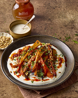 Harissa and Marmalade Roasted Carrots and Parsnips with Garlic Yogurt 