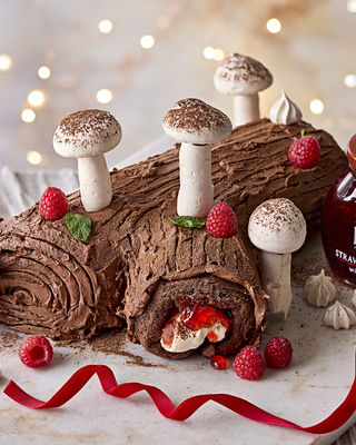 Chocolate & Strawberry Yule Log with meringue mushrooms
