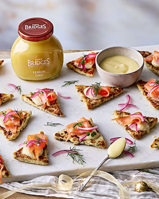 Scallion potato cakes with smoked salmon and lemon curd mayo